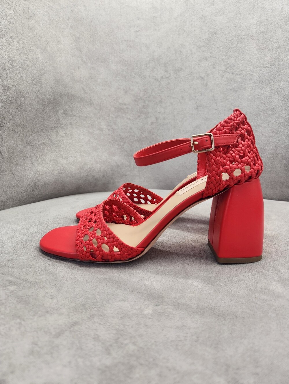 Antonio Melani Heeled Sandals 6 Scarlet Red Woven Leather Gretel Artsy New $140
